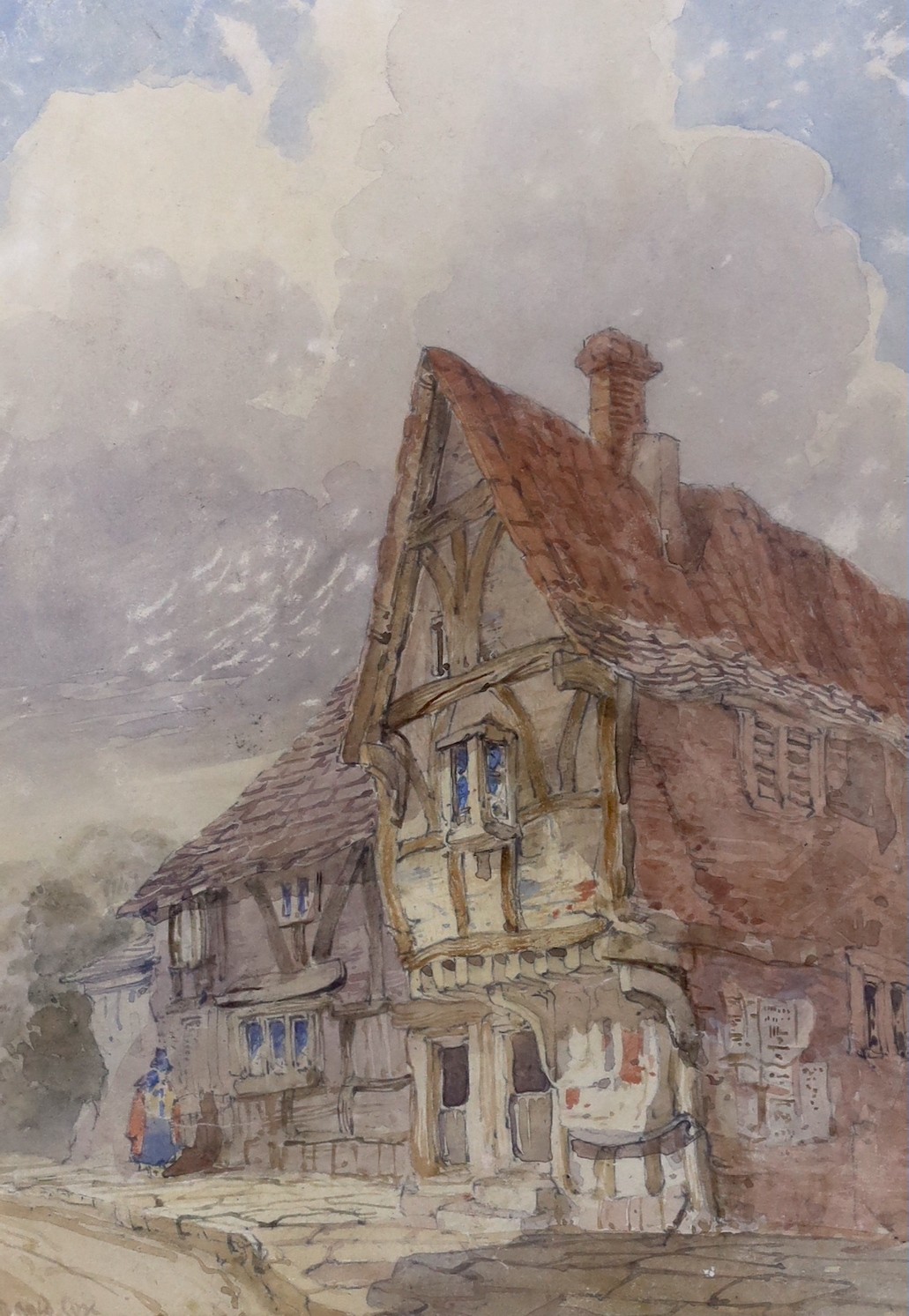 David Cox Snr (1783-1859), watercolour, Half timbered street tavern, said to be near Ruthin, Wales, signed, 22 x 16cm